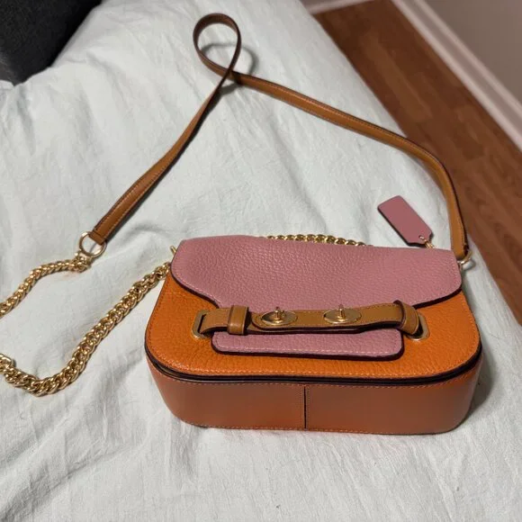 RARE Coach Colorblock Pebble Leather Shoulder Bag – Pink/Tan with Chain Strap - Picture 2 of 9
